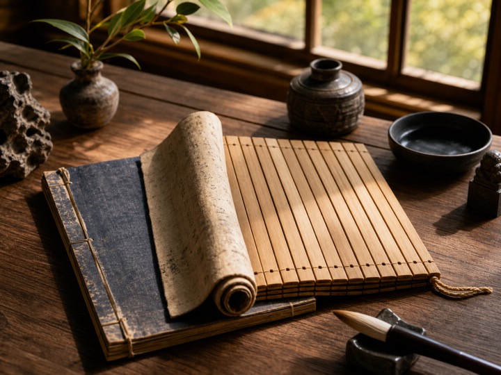 Old Chinese classic book and bamboo slips on a wooden desk