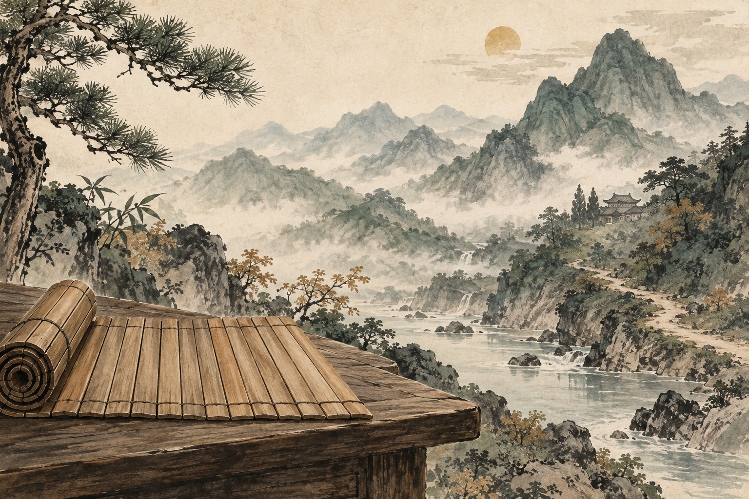 Ink-wash illustration of bamboo slips beside a stream, misty mountains, and a distant traditional building